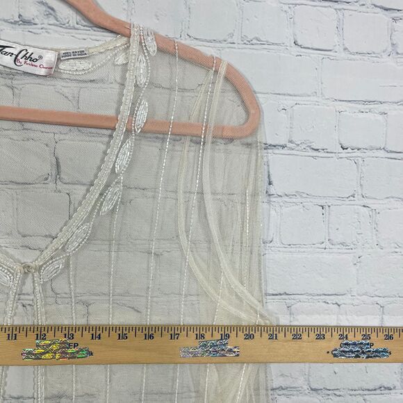Beaded Embroidered Sheer Blouse Size Small Cottage Fairy Transparent Cover Up - Picture 9 of 12